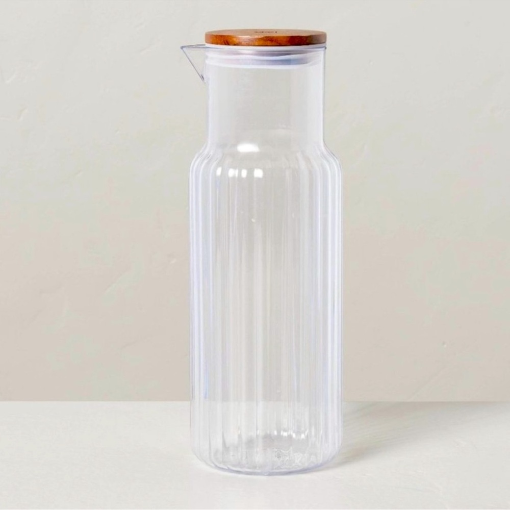 Hearth & Hand Magnolia 37oz Ribbed Clear Plastic Beverage Carafe with Wood Lid